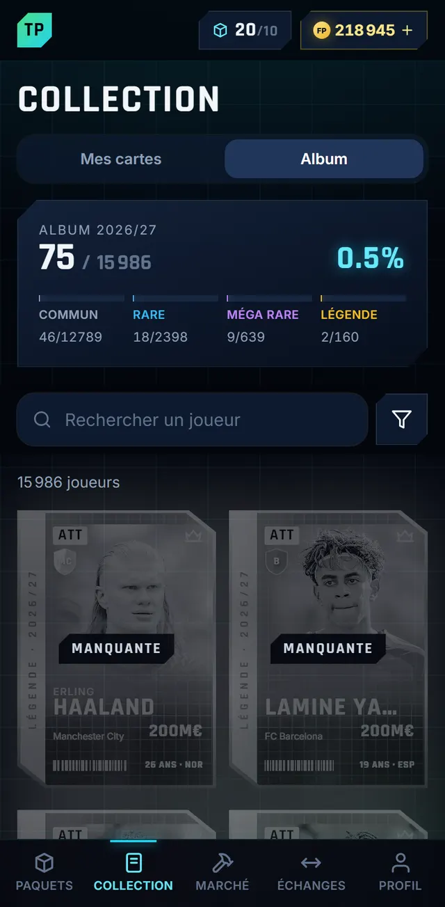 Album de la saison 2026/27 avec la progression par rareté
