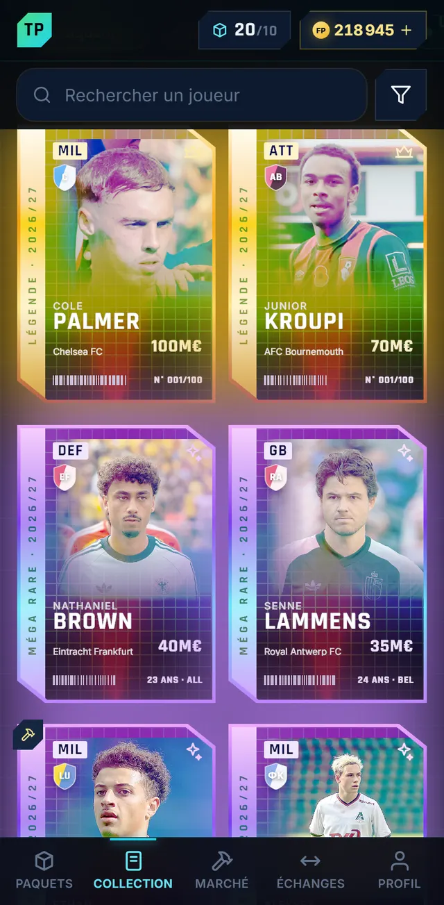 Collection de cartes avec les légendes Cole Palmer et Junior Kroupi