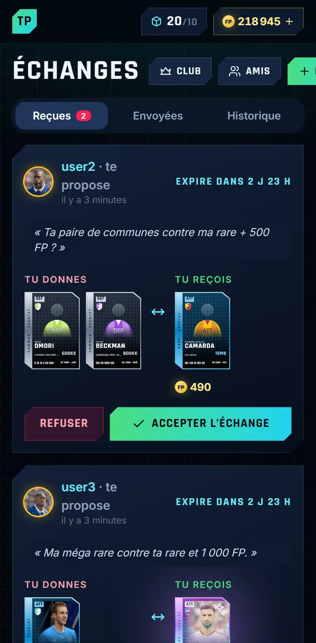 Proposition d’échange de cartes entre deux joueurs
