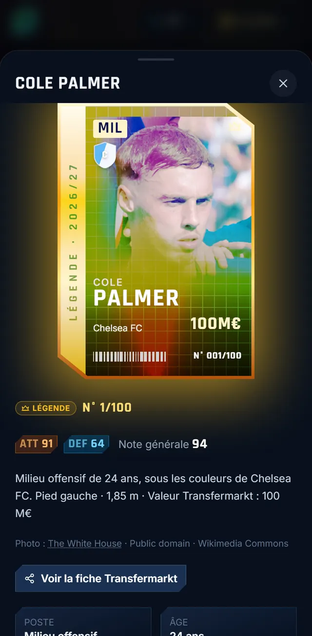 Carte légende de Cole Palmer avec sa fiche Transfermarkt